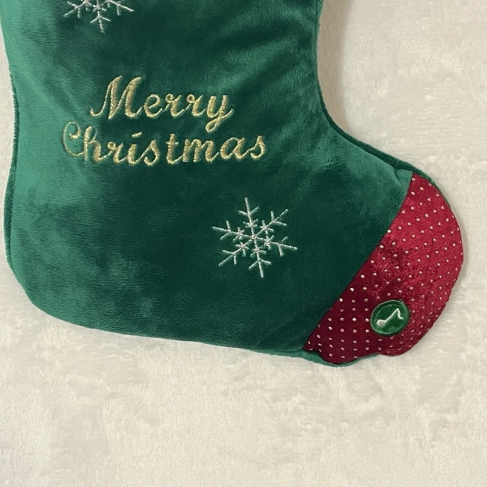 MERRY CHRISTMAS Plush Stocking Santa Claus 3D Head Green Velvet 18